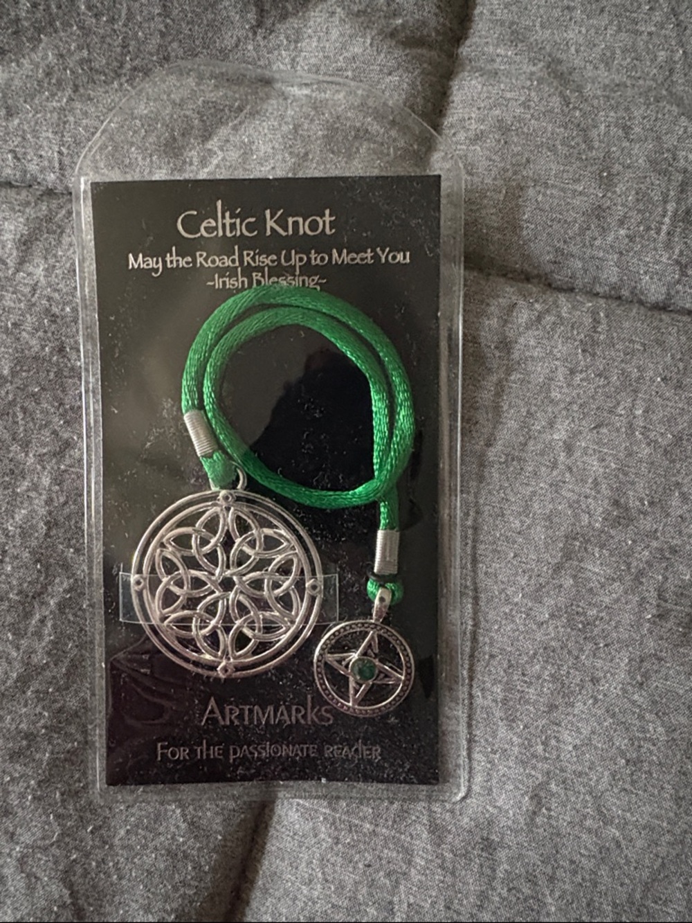 Celtic Knot Silver Pendant Bookmark with Green Cord